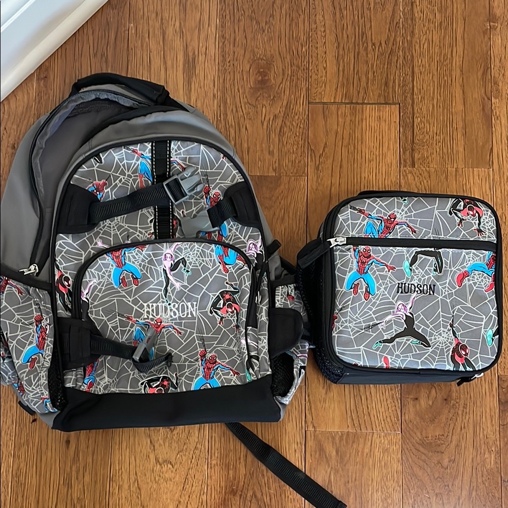 Pottery Barn Spider-Man Backpack and Lunchbox Set - Gray and Black.